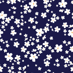 Vintage floral background with white flowers on a dark blue background. Seamless pattern for design and fashion prints.Stock vector illustration.