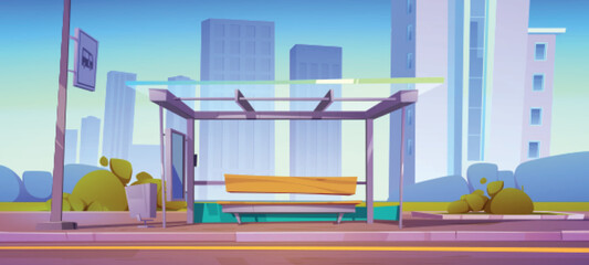Bus stop, city station for commuter transport. Glass shelter with wooden bench, litter bin and schedule on roadside with cityscape . Summer urban landscape, game background Cartoon vector illustration