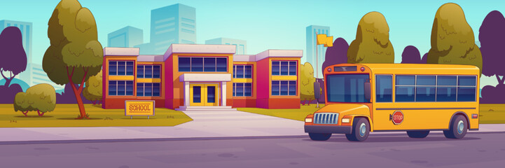 City street with school building and yellow bus for students. Summer urban landscape with schoolhouse, bus on road, green lawn and trees, vector illustration in contemporary style © klyaksun