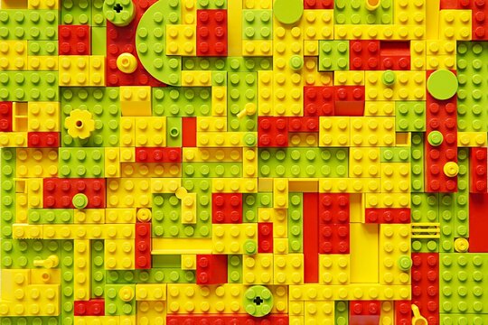 Lego art background, red, green and yellow plastic building blocks mosaic, kids' creativity, toys.