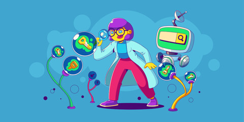 Keyword research, Seo analysis, keywording tool media concept. Contemporary female with magnifier use artificial intelligence and engine optimization services, Cartoon linear flat vector illustration