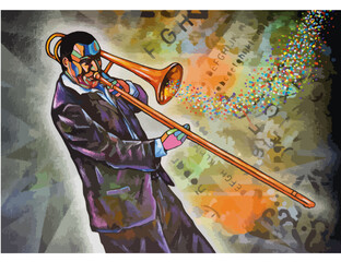 Cubist trombone jazz musician