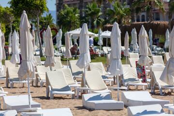 Sunbeds with sun loungers on the beach