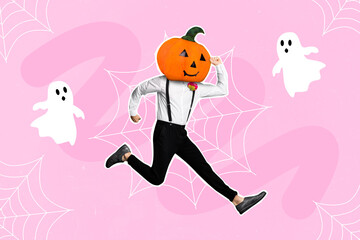 Photo cartoon comics sketch picture of happy smiling guy halloween pumpkin instead of head isolated drawing background