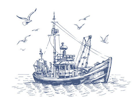 Small fishing boat in sea. Seagulls and vessel, ship on the water. Seascape, fishery sketch vector illustration