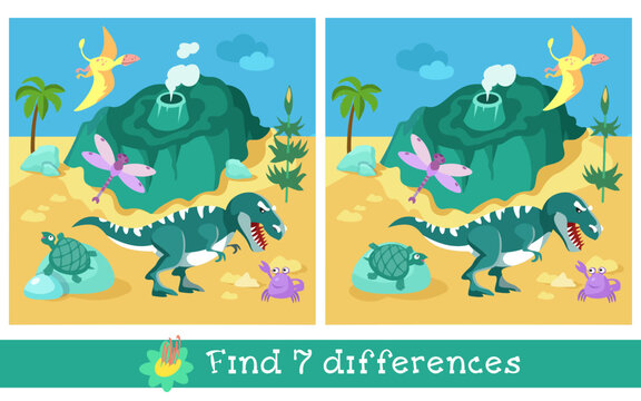 Educational game for children. Find 7 differences. Island with volcano and dinosaurs. Animals in prehistoric period. Activities for children. Vector illustration.