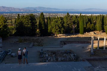Tourist in Asklepion, Kos, Greece. Panorama view from the Mecca of medicine.