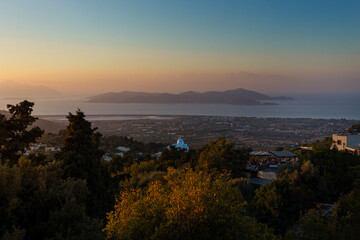 Panorama view on the Kos island with blue church, Greece.