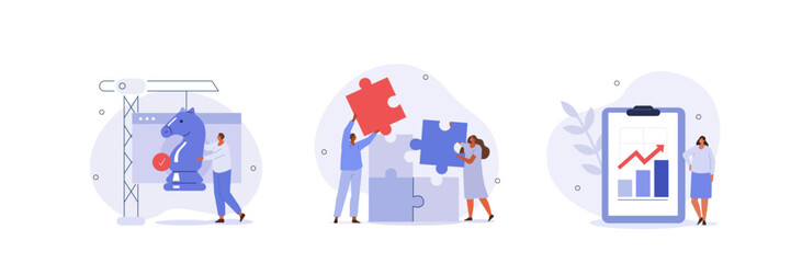 Business illustration set. Characters assembling jigsaw puzzle, moving chess figure, planning financial strategy to achieve business goals. Strategic management concept. Vector illustration. - obrazy, fototapety, plakaty