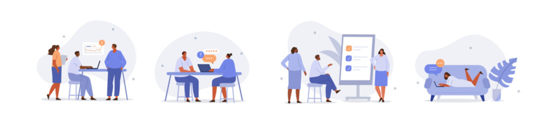 Business people illustration set. Characters working at home office and coworking space. People talking with colleagues, planning corporate strategy, analyzing graphs. Vector illustration.