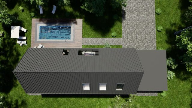 Luxury modern house with a garden, swimming pool and relaxation area. 3D video.