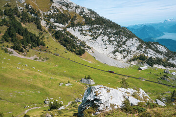 Fototapeta na wymiar Mount Pilatus and the valley station in Alpnachstad and Lucern lie in the heart of Switzerland and are very well connected. They are conveniently reached by car, train or boat trip.