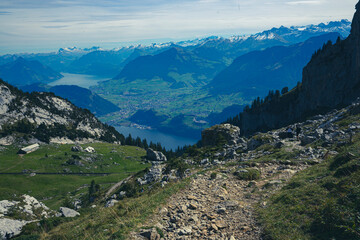 Fototapeta na wymiar Mount Pilatus and the valley station in Alpnachstad and Lucern lie in the heart of Switzerland and are very well connected. They are conveniently reached by car, train or boat trip.