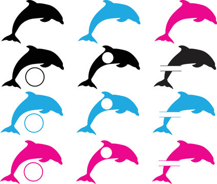 swimming dolphins on white background. Dolphin monogram. Sea life symbols. flat style.