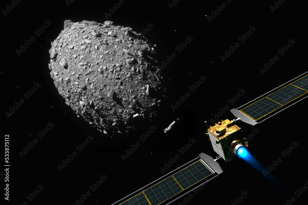 Wall mural dart satellite on collision course to impacting the asteroid dimorphos to deflect its orbit. this im