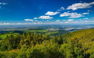 View to Freiburg im Breisgau and Kaiserstuhl mountain from the top of the Schauinsland mountain...