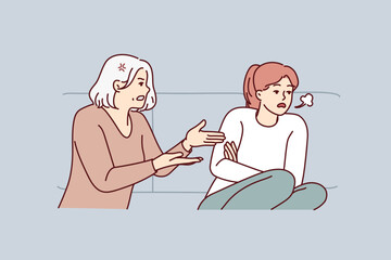 Mature mother scold unhappy grownup daughter at home. Elderly mom lecture stressed annoyed adult girl child. Generation gap. Vector illustration.  - obrazy, fototapety, plakaty