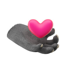 3d furry wolf hands holding heart in plastic cartoon style. Werewolf monster Halloween character palms. High quality isolated render