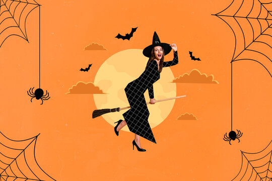 Photo sketch graphics artwork picture of charming funny witch flying broom isolated drawing background