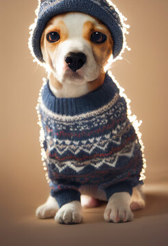 Small Dog Wearing Sweater And A Matching Hat