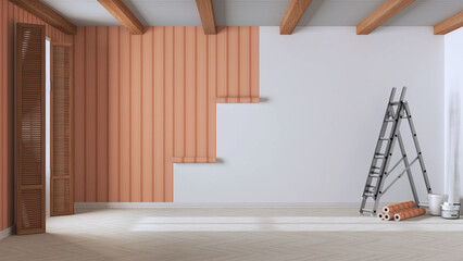 Empty room with white walls, wooden ceiling and parquet floor, shits of orange striped wallpaper on the wall with copy space. Wallpapering concept