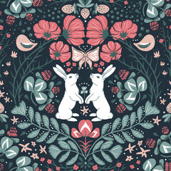 Seamless pattern with blooming cosmea branches, rabbits, berries and birds. Wildlife silhouette, dark floral background. Vector hand drawn illustration, garden in folk - scandinavian style.