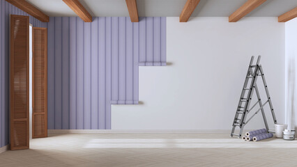 Empty room with white walls, wooden ceiling and parquet floor, shits of purple striped wallpaper on the wall with copy space. Wallpapering concept