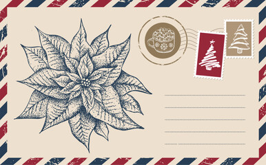 Christmas postcard, mail, hand drawn illustration.	
