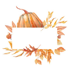 Autumn floral banner. Pumpkin, yellow and red leaves design isolated on transparent background