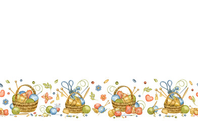 Obraz premium Watercolor illustration, knitting banner, handmade sewing. Isolate on a white background.