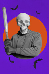 Creative poster collage of dangerous hooligan halloween ghost spirit man skeleton skull head hold...
