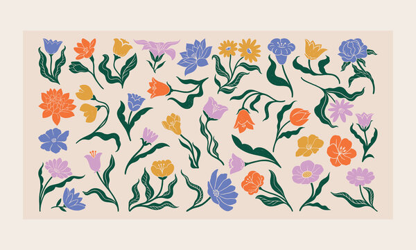 Hand drawn lino cut flower collection. Botanical floral set. Modern abstract textured flowers. Natural organic vintage style elements.