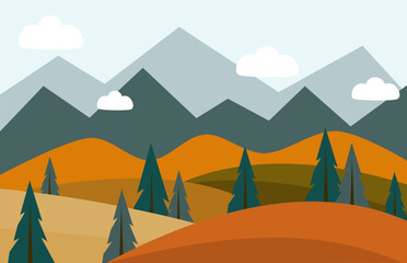 Vector illustration of autumn landscape with mountains view in sunny day. Flat illustration of fall field with pine trees.