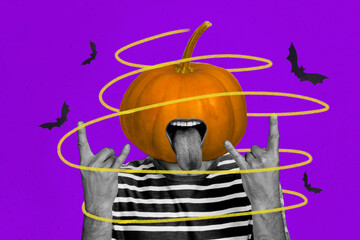 Creative drawing collage picture of funny funky person halloween pumpkin lumberjack instead head...