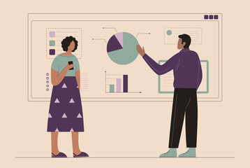 Two people in front of an interactive board with charts discuss business processes. business analytics