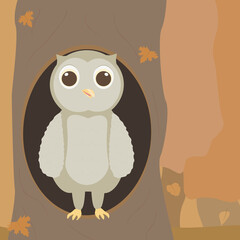 Cartoon cute owl in the autumn tree hollow 