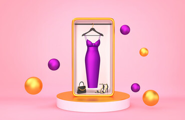 Purple dress, black shoes and bag. Web store, online shopping concept