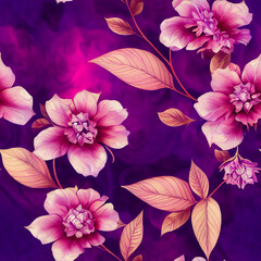 Beautiful floral wallpaper. Violet purple flowers background. Seamless repeat pattern for wallpaper, fabric and paper packaging, curtains, duvet covers, pillows, digital print design
