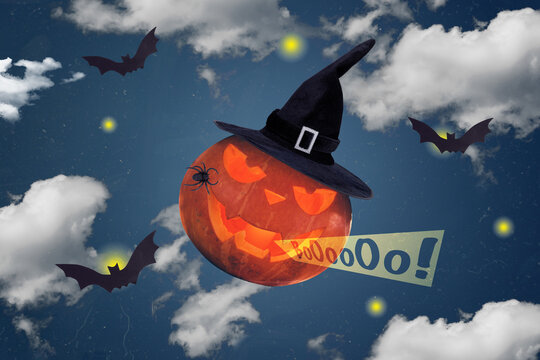 Creative Collage Picture Of Halloween Pumpkin Witch Headwear Boooooo Scary Sound Spider Flying Bats Night Clouds Sky