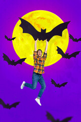 Vertical collage picture of crazy mini guy hold huge flying bat isolated on night moonlight...