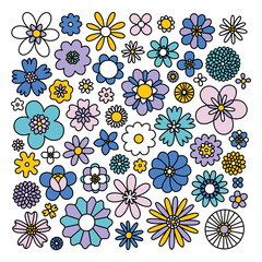 Fun retro doodle blue and lilac flowers, vector collection - 533878700