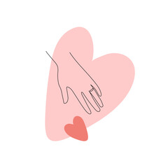 Abstract vector flat one line art illustration. Continous line human hand take heart love symbol silhouette on colorful pink background. Conceptual design for holiday poster, banner