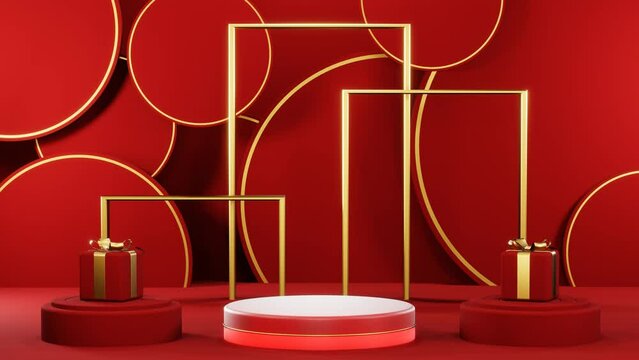 3D render of Animated red blank podium for placing products and gift boxes red tones for Christmas, New Year, Valentine's Day, birthday.