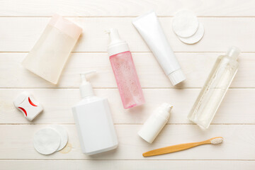 Mockup for bathing products top view flat lay, spa razor, toothpaste, soap, gel and other various accessories. Cosmetics for skin health. Bath Mockup for your logo