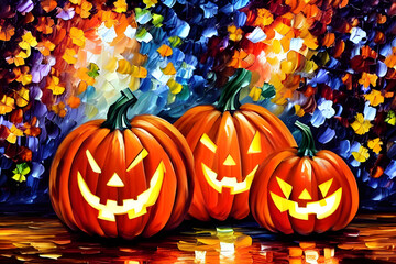 Fototapeta premium cheerful halloween pumpkins in autumn painted in bright colors with oil paint - illustration