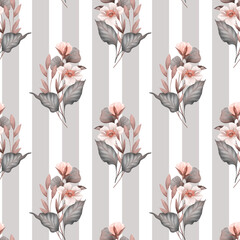Seamless floral pattern on striped background. Pastel autumn colors.