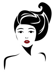 Beautiful woman face with red lips, lush eyelashes, hairstyle. Beauty Logo. Vector illustration