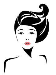 Beautiful woman face with red lips, lush eyelashes, hairstyle. Beauty Logo. Vector illustration