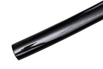 Close up shot of Saya - shiny glossy black scabbard starry style of a Katana - Japanese long Sword isolated in white background. selective focus.