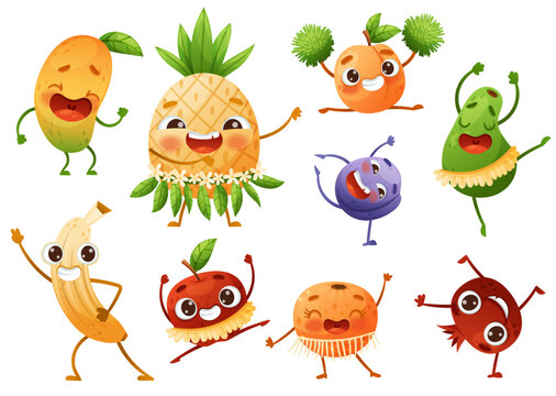 Cartoon Funny Fruits Dancing and Cheering Enjoying Summer Season Vector Set
